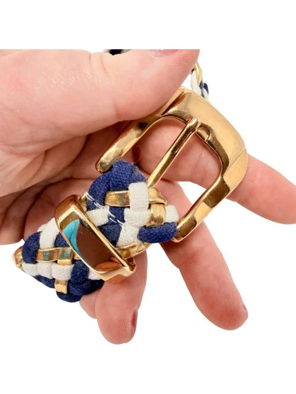 Vintage Nautical Woven Belt Blue White Gold‎ Hardware Stretch Womens 1980s